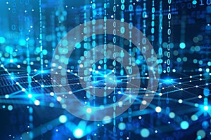 Blue background with glowing digital binary code and network connections, symbolizing data transfer in technology or cyber se photo