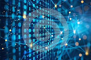 Blue background with glowing digital binary code and network connections, symbolizing data transfer in technology or cyber se photo
