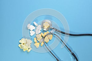 A blue background with hearts and a stethoscope