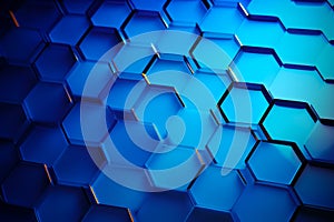 Blue background with hexagonal pattern of hexagonal tiles. Generative AI