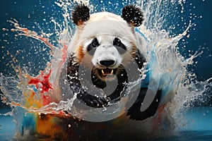 Blue background image of Panda playing in colorful splashing water
