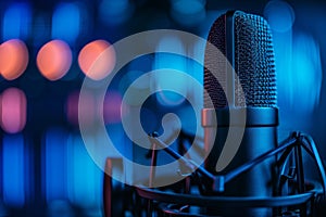 Blue Background With Microphone And Waveform, Perfect For Broadcasting Or Podcasting