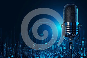 Blue Background Microphone With Waveform Perfect For Broadcasting Or Podcasting Banner
