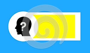 Blue background with question mark on human head icon.