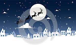 Blue background of santa claus flying over the city