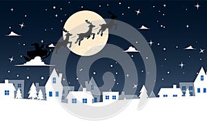 Blue background of santa claus flying over the city