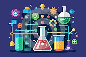 A blue background with science-themed elements like beakers and test tubes, perfect for educational or scientific presentations,
