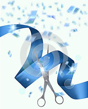 Blue background with scissors ribbon and confetti. Grand opening invitation card