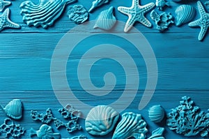 A blue background with sea shells and starfish. AI generative image