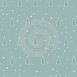 Blue background with snowfall in the forest. Seamless simple pattern