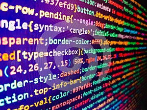 Blue background. Software developer programming code on black screen. Abstract computer script code. Writing programming