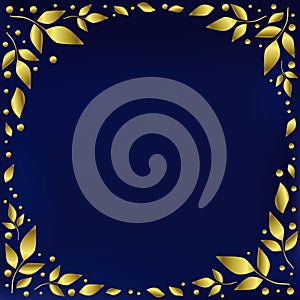 Blue background stylized as blue velvet decorated with golden leaves and dots in form of circle