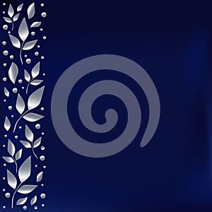 Blue background stylized as blue velvet with decorative stripe on the left side with silver leaves and dots