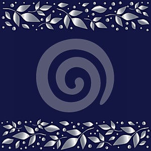 Blue background stylized as blue velvet with decorative stripes align top and below with silver leaves and dots