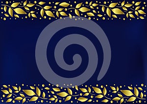 Blue background stylized as velvet with decorative stripes align top and below with golden leaves and dots