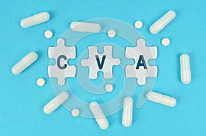 On a blue background, there are pills and puzzles with the inscription - CVA