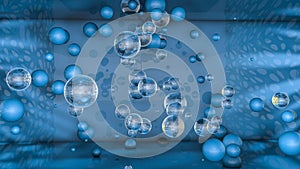 Blue background with three-dimensional spheres. 3D rendering