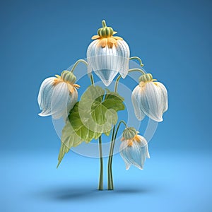Blue background, with three white flowers and one green leaf. The flowers are arranged in center of frame, while leaf