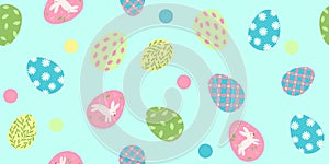 Blue background with a variety of colorful Easter eggs and dots, seamless pattern, vector