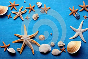 a blue background with various sea shells and starfishs on it