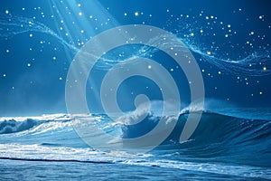 Blue Background with Waves and Light Points