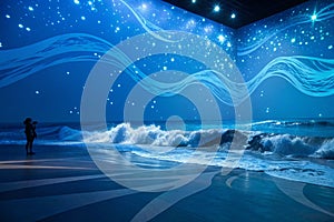 Blue Background with Waves and Light Points