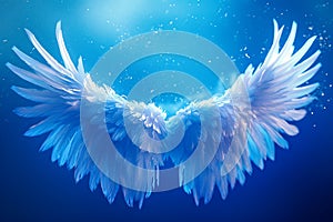 Blue background with white and blue winged angel. Generative AI
