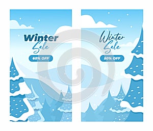 Blue background winter Sale banner story social media template. Beautifull Vertical abstract banner winter season with trees,