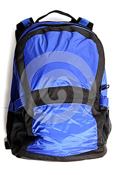 Blue backpack with black details  isolated on white background.