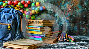 Blue backpack, books and colorful pencils on wooden table