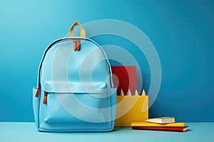 Blue backpack with books and pencils on blue background. Back to school concept. 3D Rendering, Stationery set with knapsack on