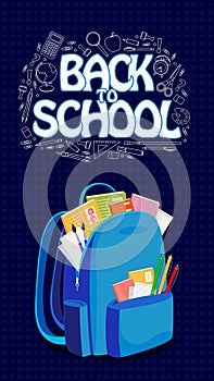 Blue backpack on a dark background and white pencil elements