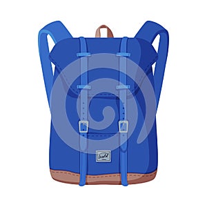 Blue Backpack, Front View of Travel Bag for Backpacking Flat Style Vector Illustration on White Background