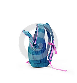 Blue backpack that is open isolated