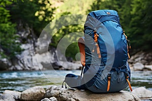Blue Backpack Resting on a Rock by a River