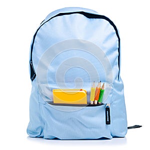 Blue backpack with school supplies