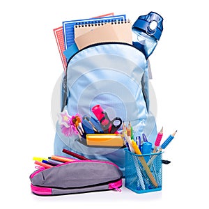 Blue backpack with school supplies