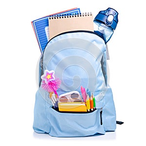 Blue backpack with school supplies