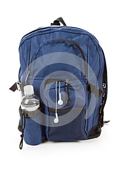 Blue backpack and water