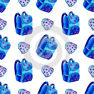 Blue backpack on white background. Seamless watercolor pattern for fabric, textile, wrapping paper. school time