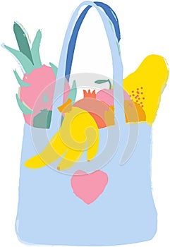 blue bag with pink heart and fresh fruits