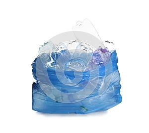 Blue bag with used bottles isolated. Plastic recycling