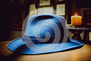 Blue Bailey hat and candle, blurred background with Generative AI