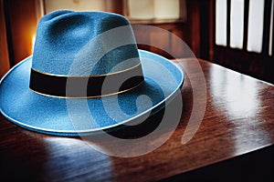 Blue bailey hat and lacquered wooden table with Generative AI