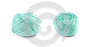 A blue ball of woolen threads. Closeup. Isolated on a white background