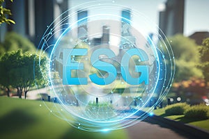 A blue ball with the word ESG written on it with the ESG pictogram, which stands for the concept of environmental, social and