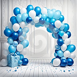 blue balloon arch for baby boy birthday, blue balloons for party, festive decorative elements, present box