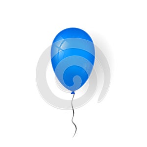 Blue balloon 3D, thread, isolated white background. Color glossy flying baloon, ribbon for birthday celebrate, surprise