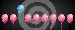 Blue balloon fly away from pink balloons on black background different concept design