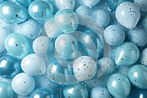 Blue balloons and confetti on blue background.